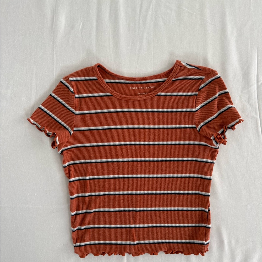American Eagle Outfitters Women’s Rust Striped Ribbed Tee Ruffle Hem Size XS